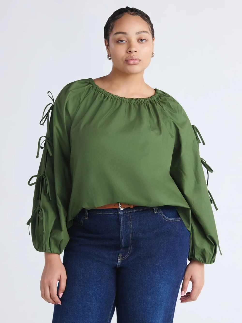 Free Assembly Gathered Neck Cotton Top w/ Long Tie Sleeves XL NWT - Picture 2 of 7